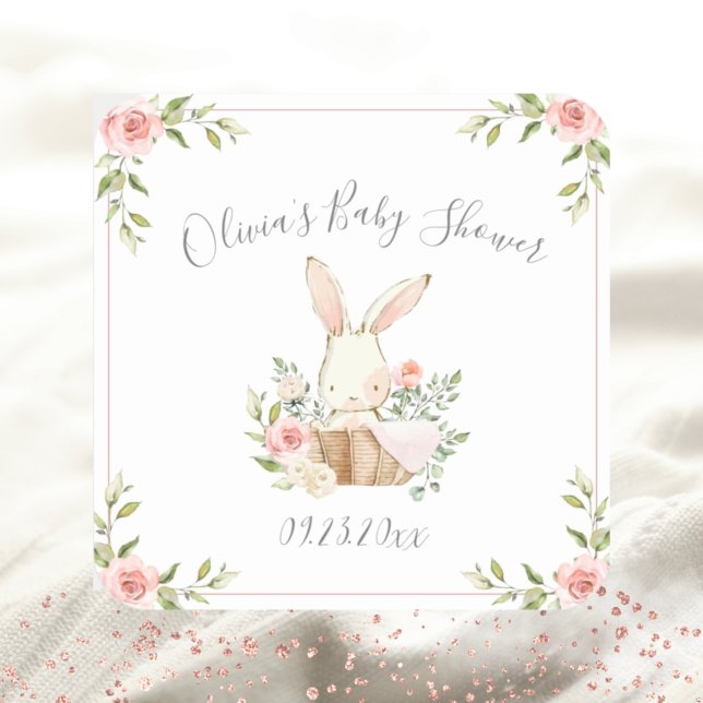 Pink Floral Bunny Rabbit Baby Shower Square Sticker (Creator Uploaded)
