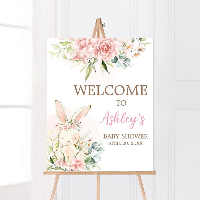 Pink Floral Bunny Rabbit Baby Shower Welcome Poster (A Little Bunny Girl Baby Shower Welcome Sign)