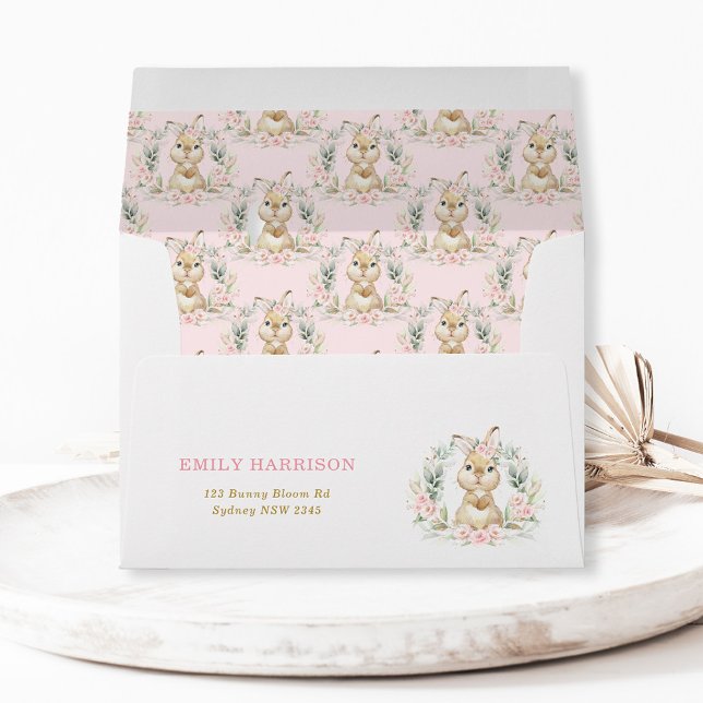 Pink Floral Bunny Rabbit Girl Baby Shower Birthday Envelope (Creator Uploaded)