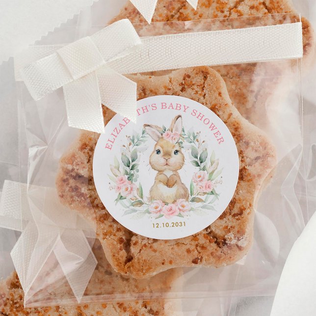 Pink Floral Bunny Rabbit Girl Baby Shower Favours Classic Round Sticker (Creator Uploaded)