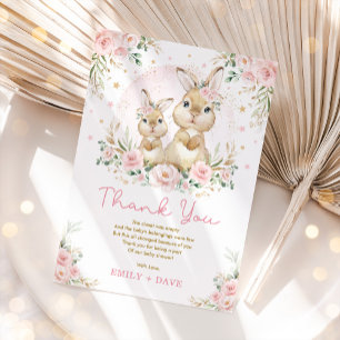Pink Floral Bunny Rabbit Girl Baby Shower Thank You Card