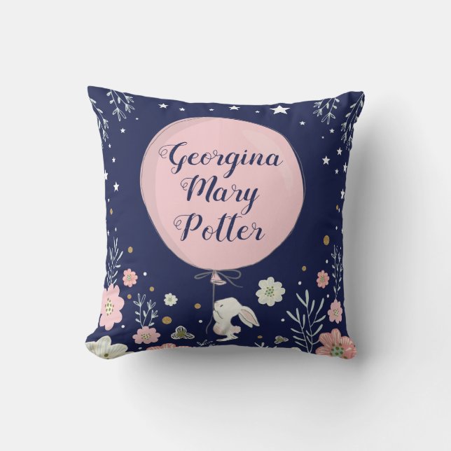 Pink Floral Bunny Rabbit Nursery Decor Cushion (Front)