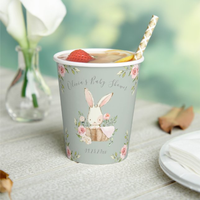 Pink Floral Bunny Sage Green Baby Shower  Paper Cups (Insitu)