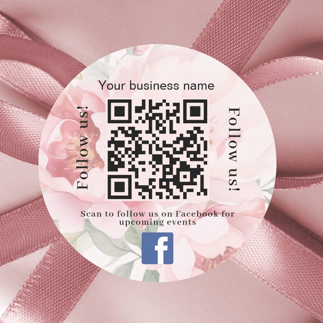 Pink floral business name qr code Facebook Classic Round Sticker (Creator Uploaded)