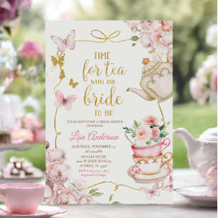 Pink Floral Butterflies Bridal Shower Tea Party  Invitation