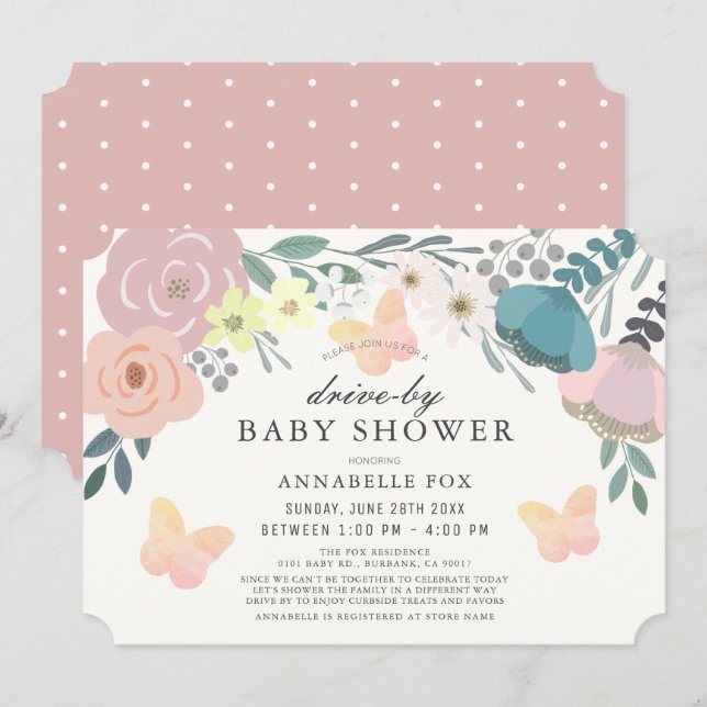 Pink Floral & Butterflies Drive-by Baby Shower Invitation (Front/Back)