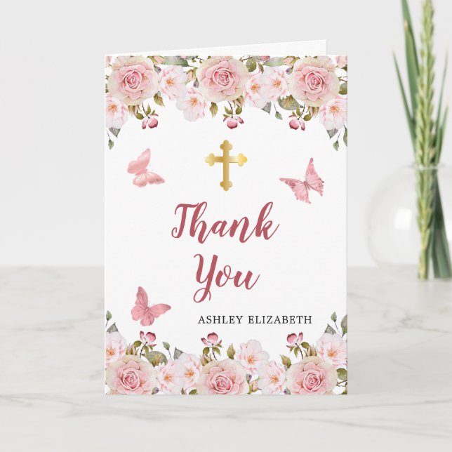 Pink Floral Butterflies First Communion 2 Photo Thank You Card (Front)