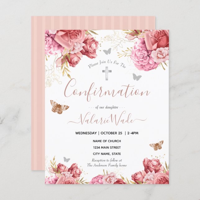 Pink Floral Butterflies First Confirmation Budget (Front/Back)