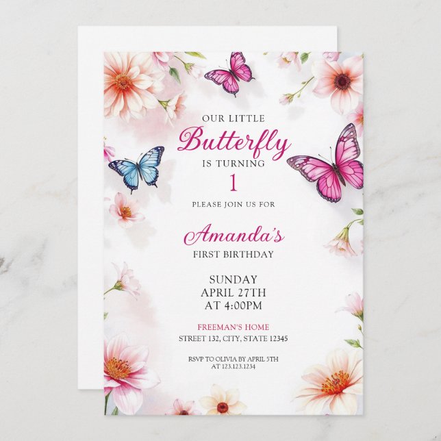 Pink Floral Butterflies for Baby Girl 1st Birthday Invitation (Front/Back)