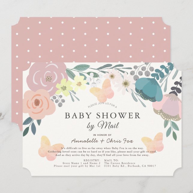 Pink Floral & Butterflies Girl Baby Shower by Mail Invitation (Front/Back)