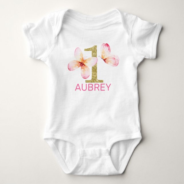 Pink Floral Butterflies Gold Glitter 1st Birthday  Baby Bodysuit (Front)