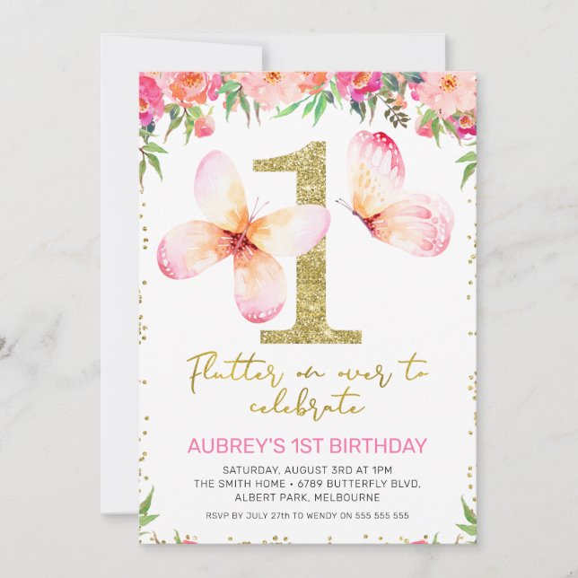 Pink Floral Butterflies Gold Glitter 1st Birthday Invitation (Front)