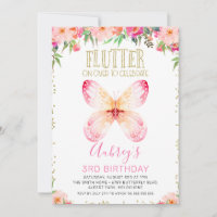 Pink Floral Butterflies Gold Glitter Text Birthday