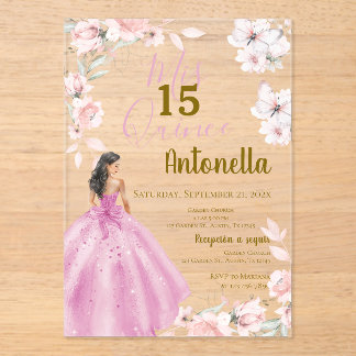 Pink Floral Butterflies Quinceañera Acrylic Invitations