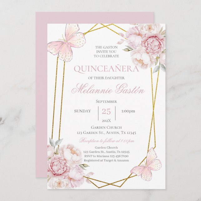 Pink Floral Butterflies Quinceañera Invitation (Front/Back)