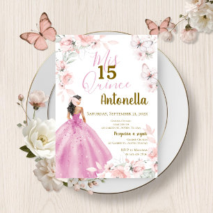 Pink Floral Butterflies Quinceañera Invitation
