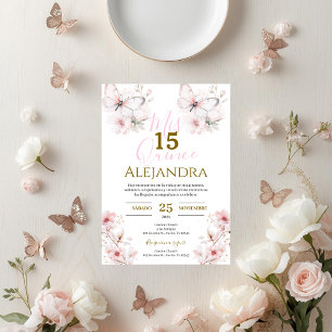 Pink Floral Butterflies Quinceañera Invitation