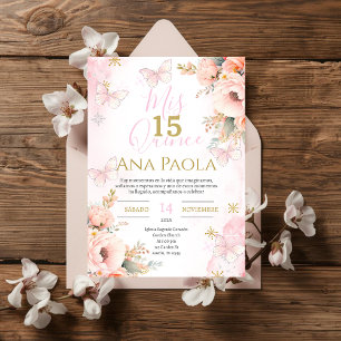 Pink Floral Butterflies Quinceañera Invitation