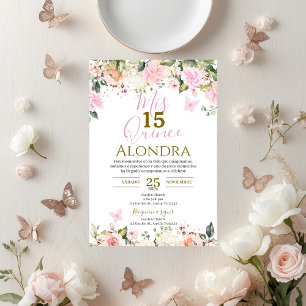 Pink Floral Butterflies Quinceañera Invitation
