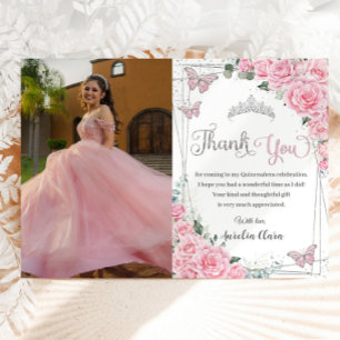 Pink Floral Butterflies Sweet 16 Quinceañera Photo Thank You Card