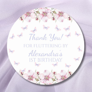 Pink Floral Butterfly 1st Birthday Thank You Classic Round Sticker