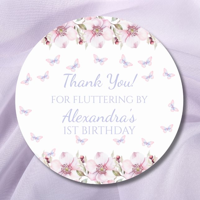 Pink Floral Butterfly 1st Birthday Thank You Classic Round Sticker (Creator Uploaded)