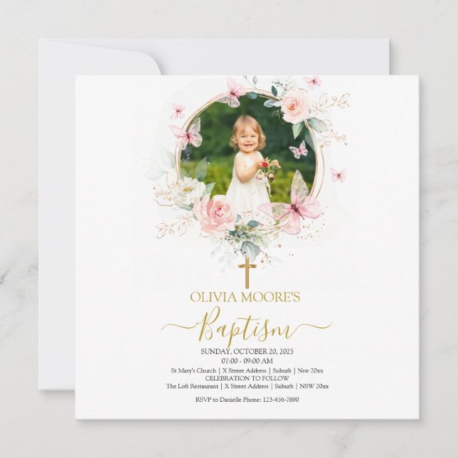 Pink Floral Butterfly Baptism Invitation (Front)