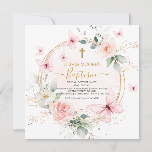 Pink Floral Butterfly Baptism Invitation (Front)