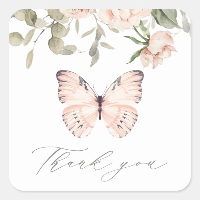 Pink Floral Butterfly Birthday Party Thank You Square Sticker (Front)