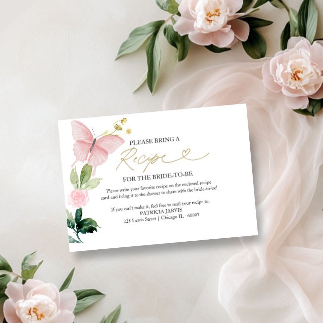 Pink Floral Butterfly Bridal Shower Recipe Request Invitation (Creator Uploaded)