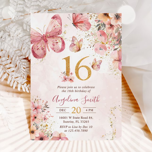 Pink Floral Butterfly Girl 16th Birthday Party Invitation (Creator Uploaded)