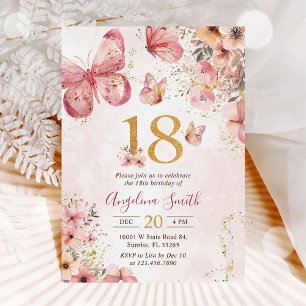 Pink Floral Butterfly Girl 18th Birthday Party Invitation