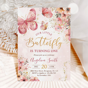 Pink Floral Butterfly Girl 1st Birthday Party Invitation