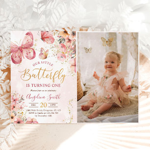 Pink Floral Butterfly Girl 1st Birthday Photo Invitation