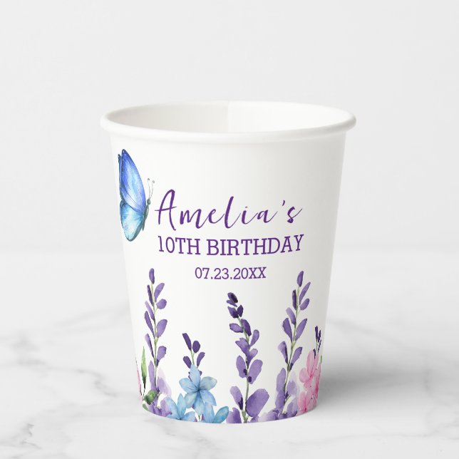Pink Floral Butterfly Girl Birthday Paper Cups (Left)