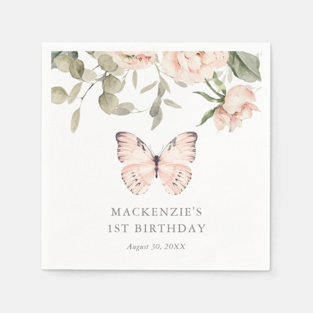 Pink Floral Butterfly Girl Birthday Party Napkin (Front)