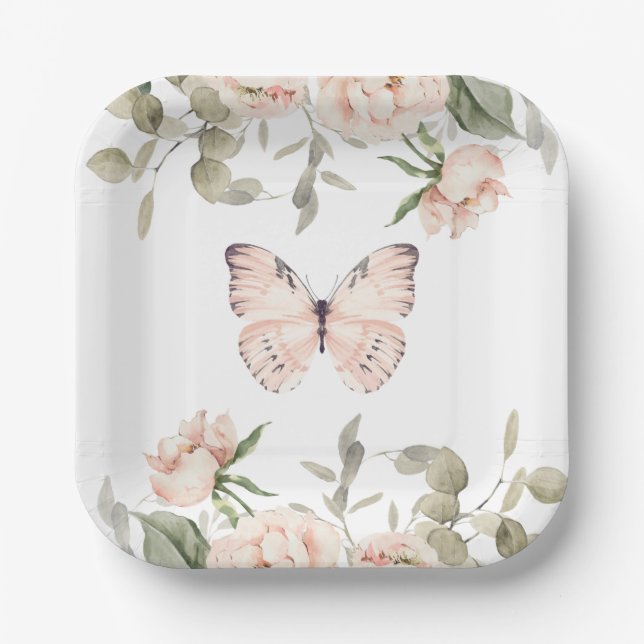 Pink Floral Butterfly Girl Birthday Party Paper Plate (Front)