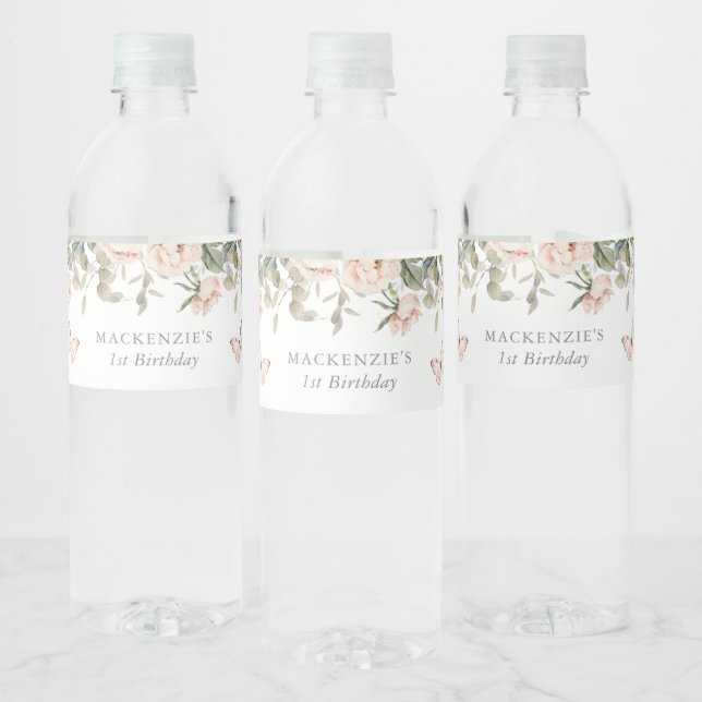 Pink Floral Butterfly Girl Birthday Party Water Bottle Label (Bottles)