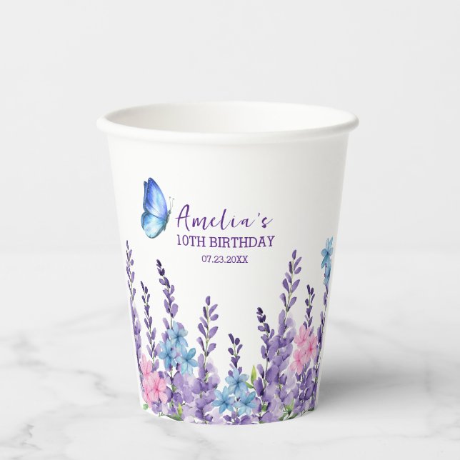 Pink Floral Butterfly Girl birthday tableware Paper Cups (Front)