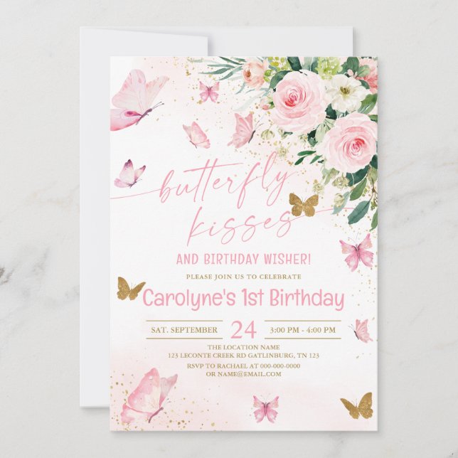 Pink Floral Butterfly Kisses and Birthday Wishes Invitation (Front)