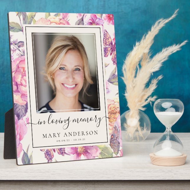 Pink Floral Butterfly Photo Memorial Plaque (Side)