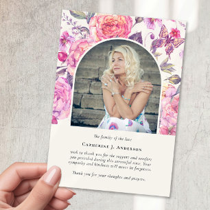 Pink Floral Butterfly Photo Sympathy Funeral Thank You Card