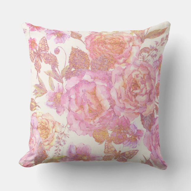  Pink Floral Butterfly Vintage Pillow (Front)