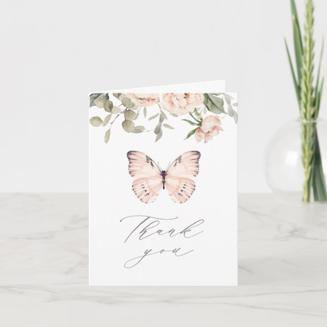 Pink Floral Butterly Girl Birthday Party Thank You Card (Front)