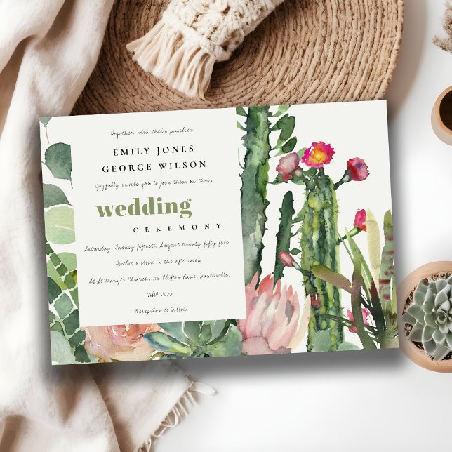 PINK FLORAL CACTI FOLIAGE WATERCOLOR WEDDING INVITATION (Creator Uploaded)