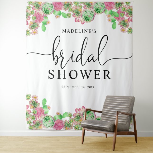 Pink Floral Cactus Cacti Succulent Bridal Shower Tapestry (In Situ)