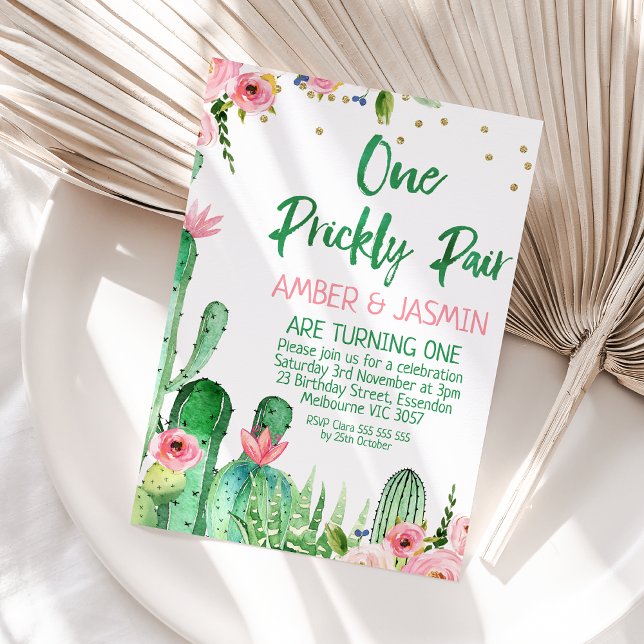 Pink Floral Cactus One Prickly Pair Birthday Invitation (One Prickly Pair Birthday Invitation Template Printable, One Prickly Pair Invitation Twin Girls )