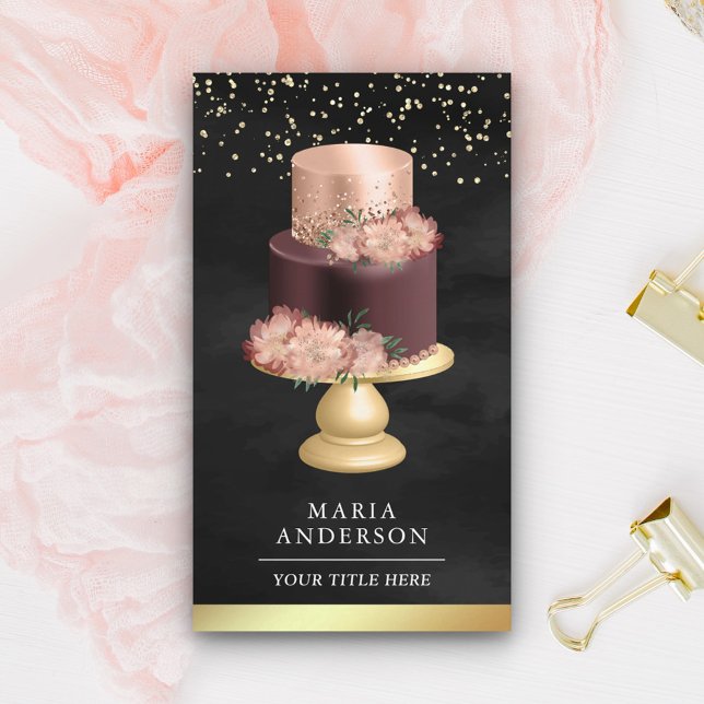 Pink Floral Cake Pastry Chef Black Gold Bakery Business Card (Creator Uploaded)