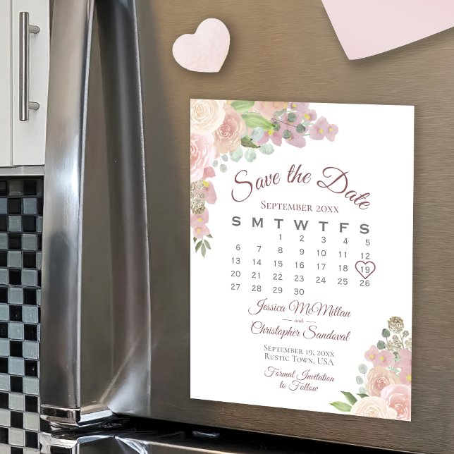 Pink Floral Calendar Wedding Save the Date Magnet (Creator Uploaded)