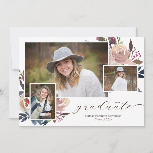 Pink Floral Calligraphy Graduation Photo Invitation (Front)